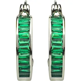 Magic Memories Tapered Baguette CZ Hoop Pierced Earrings (Silvertone/Emerald)