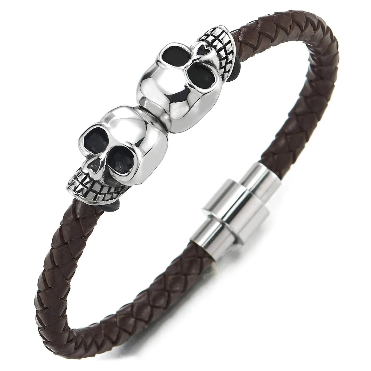 Mens Stainless Steel Skull Black Genuine Leather Bracelet Wristband Bangle with Magnetic Clasp