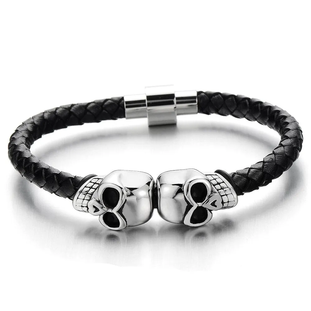 Mens Stainless Steel Skull Black Genuine Leather Bracelet Wristband Bangle with Magnetic Clasp
