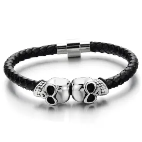 Mens Stainless Steel Skull Black Genuine Leather Bracelet Wristband Bangle with Magnetic Clasp