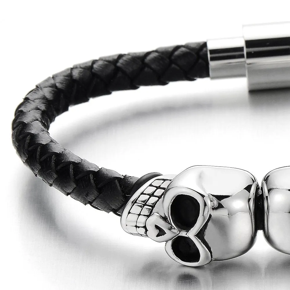 Mens Stainless Steel Skull Black Genuine Leather Bracelet Wristband Bangle with Magnetic Clasp
