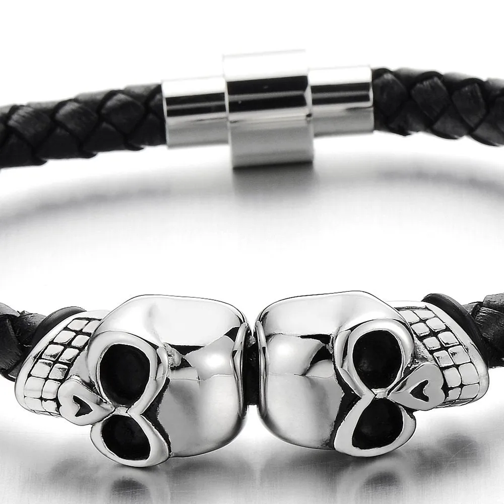 Mens Stainless Steel Skull Black Genuine Leather Bracelet Wristband Bangle with Magnetic Clasp