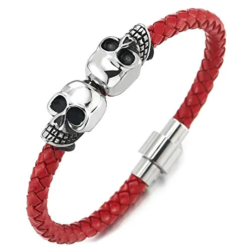 Mens Stainless Steel Skull Black Genuine Leather Bracelet Wristband Bangle with Magnetic Clasp