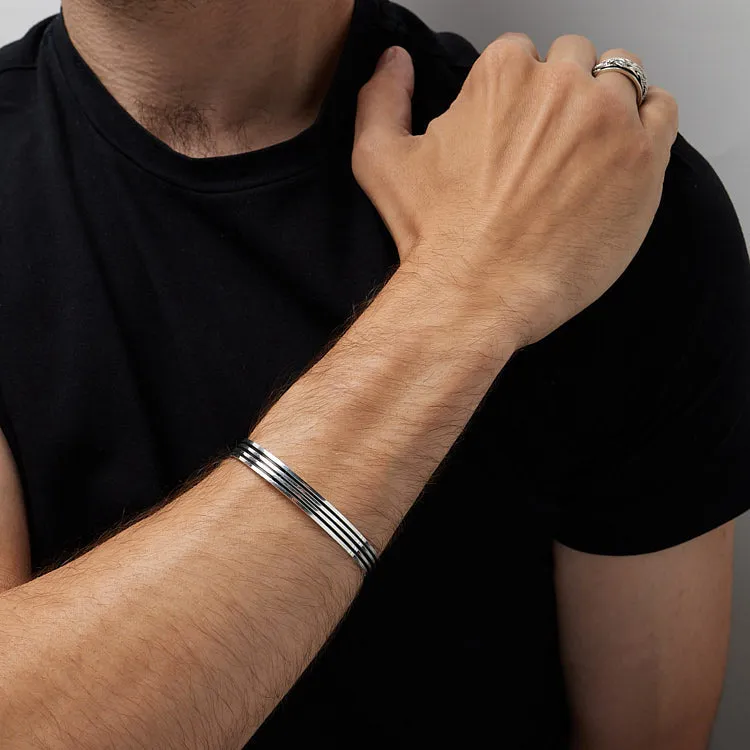 Men's Sterling Silver Bangle Bracelet Triple Lines Bangle Bracelet