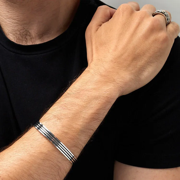 Men's Sterling Silver Bangle Bracelet Triple Lines Bangle Bracelet