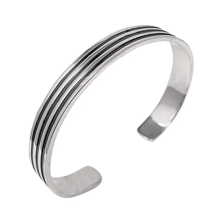Men's Sterling Silver Bangle Bracelet Triple Lines Bangle Bracelet