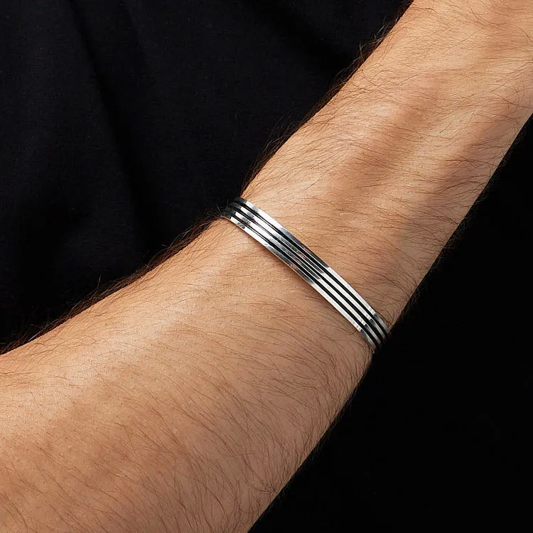 Men's Sterling Silver Bangle Bracelet Triple Lines Bangle Bracelet