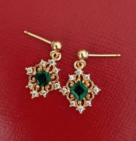 Morgan 14K Gold Earrings w. Emerald Green Gem Jewels Pendant | Vintage Inspired