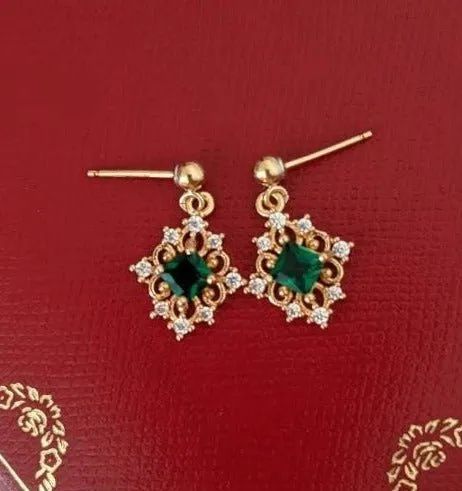 Morgan 14K Gold Earrings w. Emerald Green Gem Jewels Pendant | Vintage Inspired