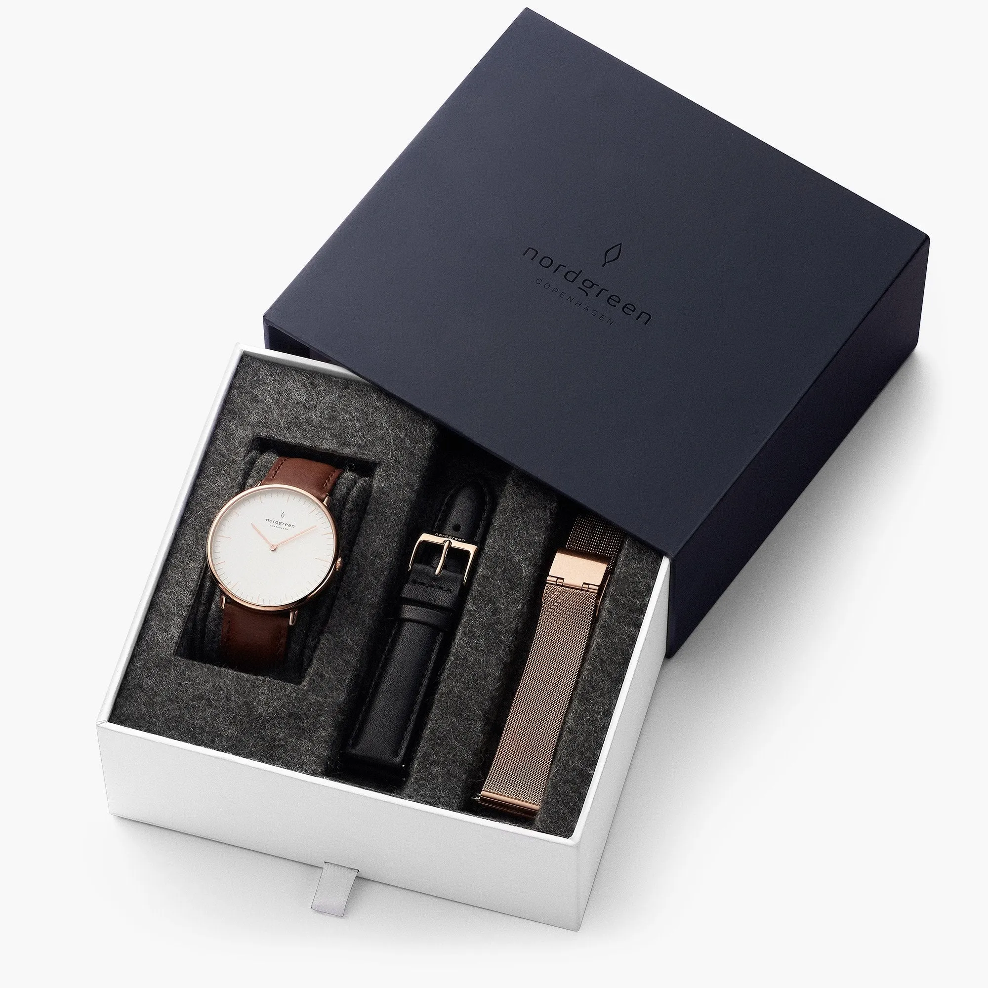 Native - BUNDLE White Dial Rose Gold | Brown Leather / Black Leather / Rose Gold Mesh Strap