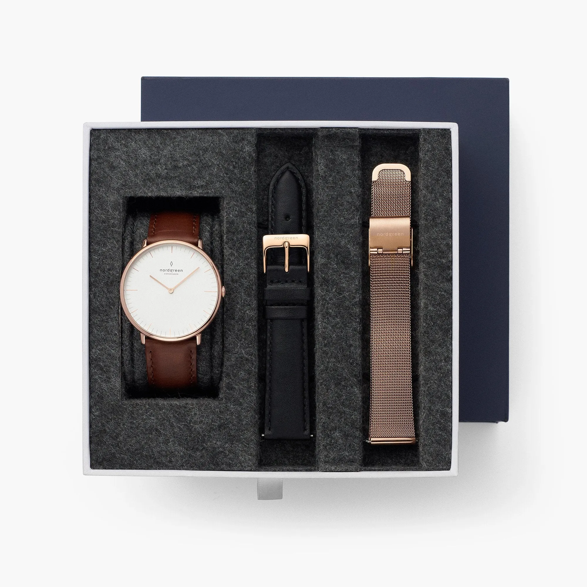 Native - BUNDLE White Dial Rose Gold | Brown Leather / Black Leather / Rose Gold Mesh Strap