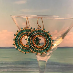 Petite Beaded Emerald Green and Gold Hoop Earrings