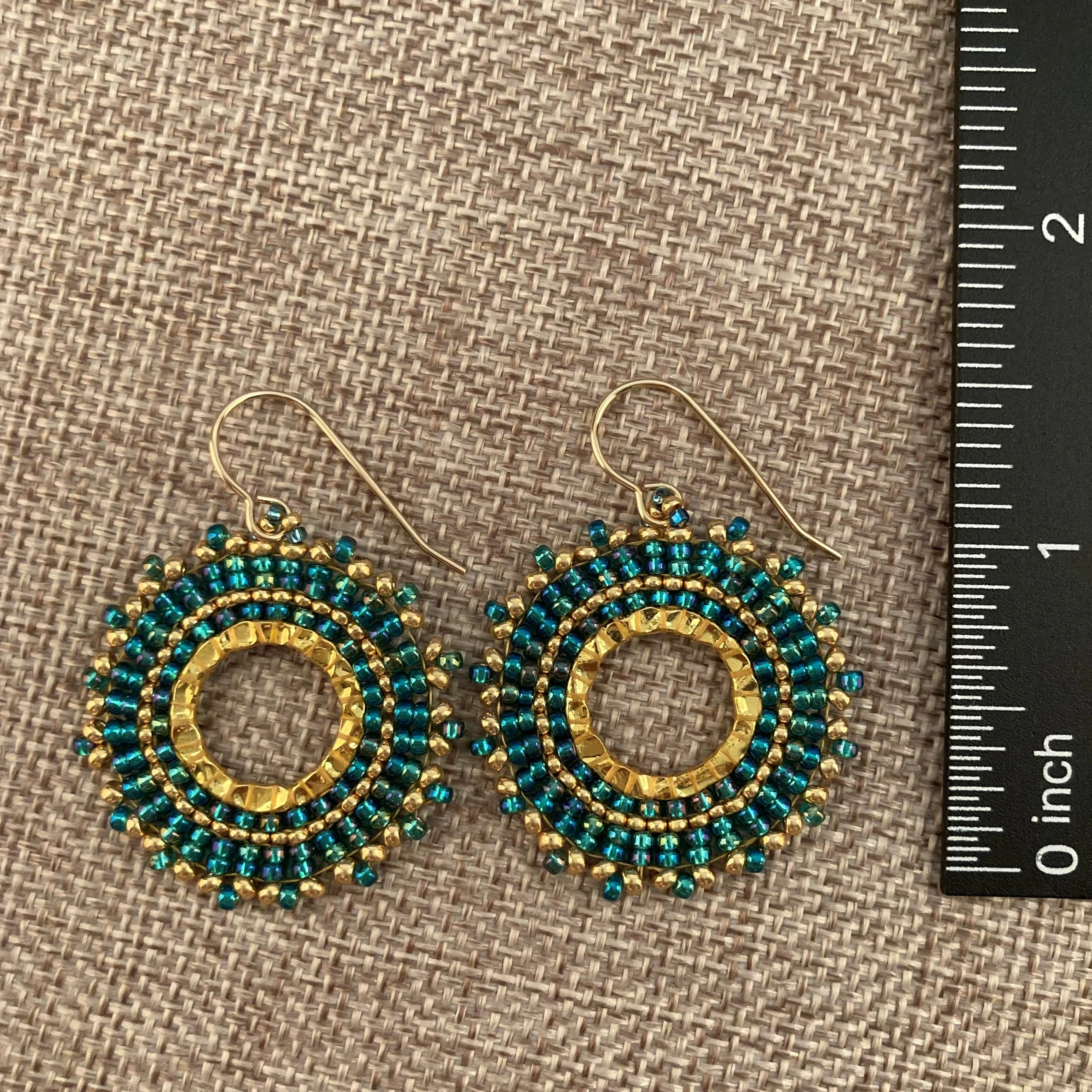 Petite Beaded Emerald Green and Gold Hoop Earrings