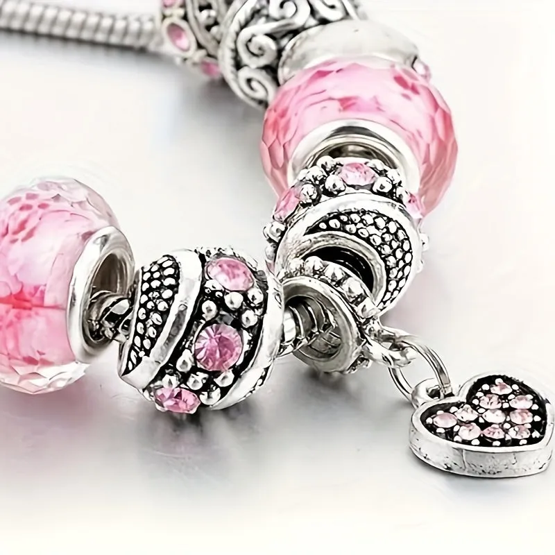 Pink Heart Pendant Bracelet Set - Adjustable Serpentine Chain, Beading, Pendant Jewelry Gift for Women - Romantic Accessory for Valentine's Day, Anniversary, Birthday