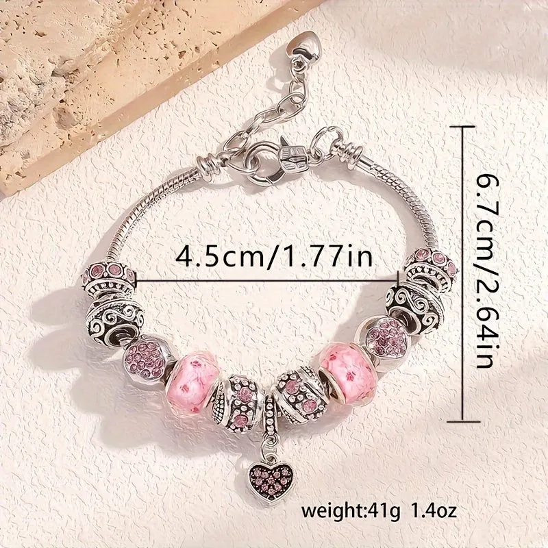 Pink Heart Pendant Bracelet Set - Adjustable Serpentine Chain, Beading, Pendant Jewelry Gift for Women - Romantic Accessory for Valentine's Day, Anniversary, Birthday