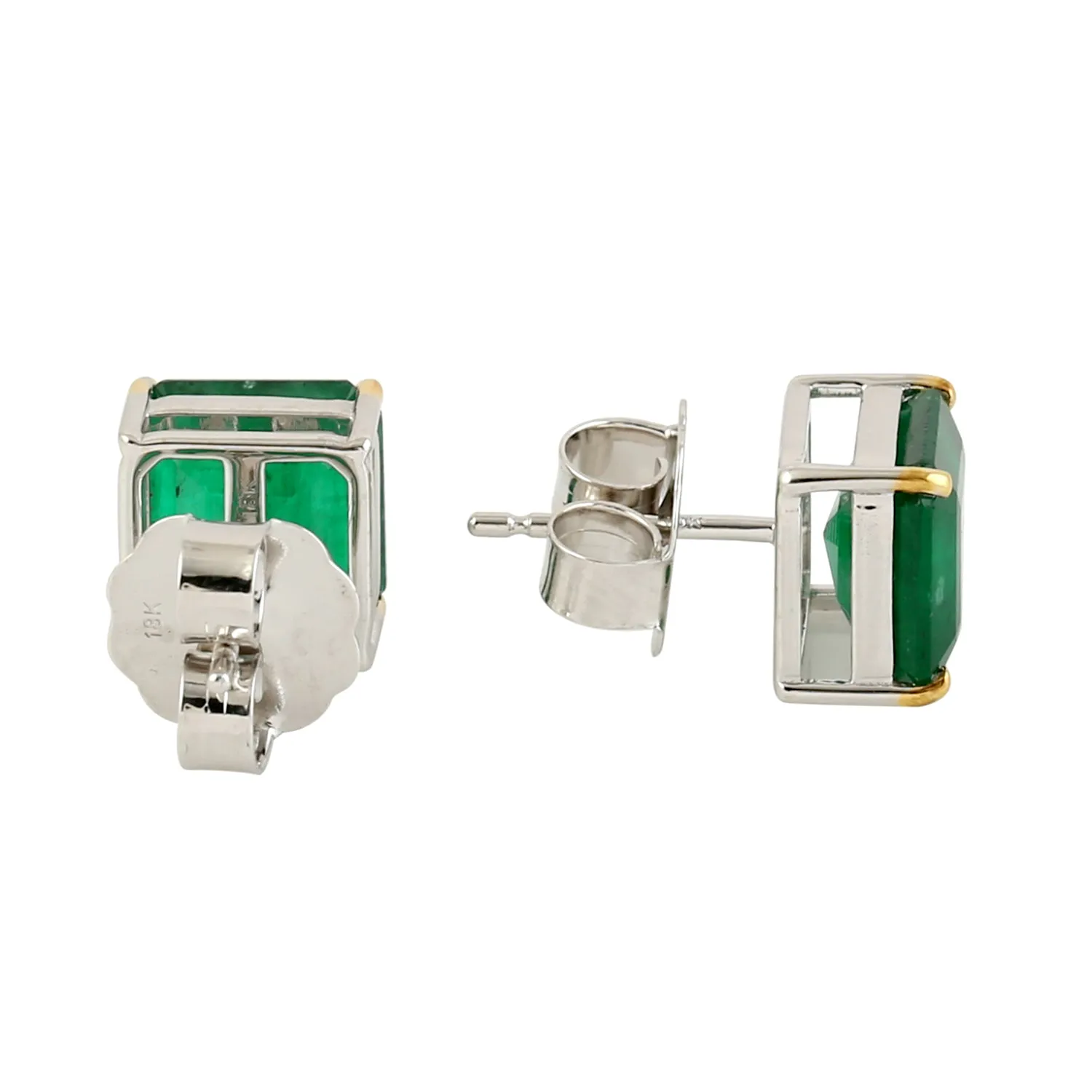 Prong Set Emerald Square Stud Earrings In Dual Tone 18k Gold