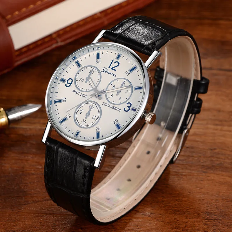 Quartz Watch Classic Fashion Men's Leather Belt Watch Three-Eye Blue Light Watch for Men