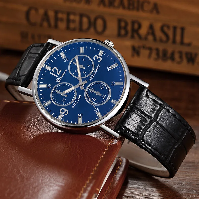 Quartz Watch Classic Fashion Men's Leather Belt Watch Three-Eye Blue Light Watch for Men
