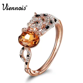 Rose Gold Color Leopard Bangles for Woman Orange Crystal Full Rhinestone Paved Bangles Female Party Bracelet & Bangles
