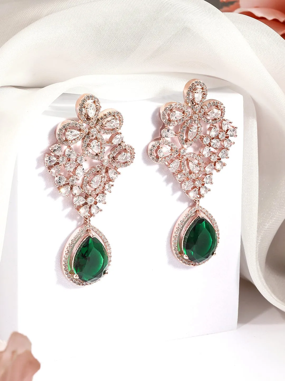 Rubans 18K Rose Gold-Plated Cubic Zirconia Studded & Emerald Green Drop Earrings