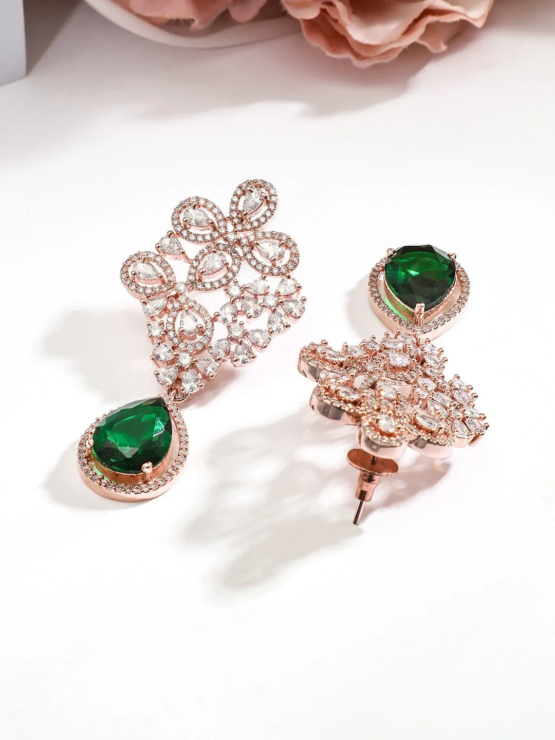 Rubans 18K Rose Gold-Plated Cubic Zirconia Studded & Emerald Green Drop Earrings