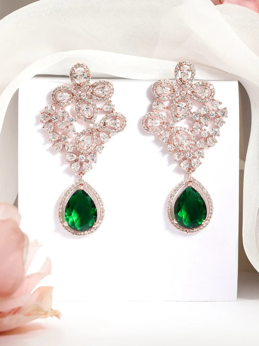 Rubans 18K Rose Gold-Plated Cubic Zirconia Studded & Emerald Green Drop Earrings