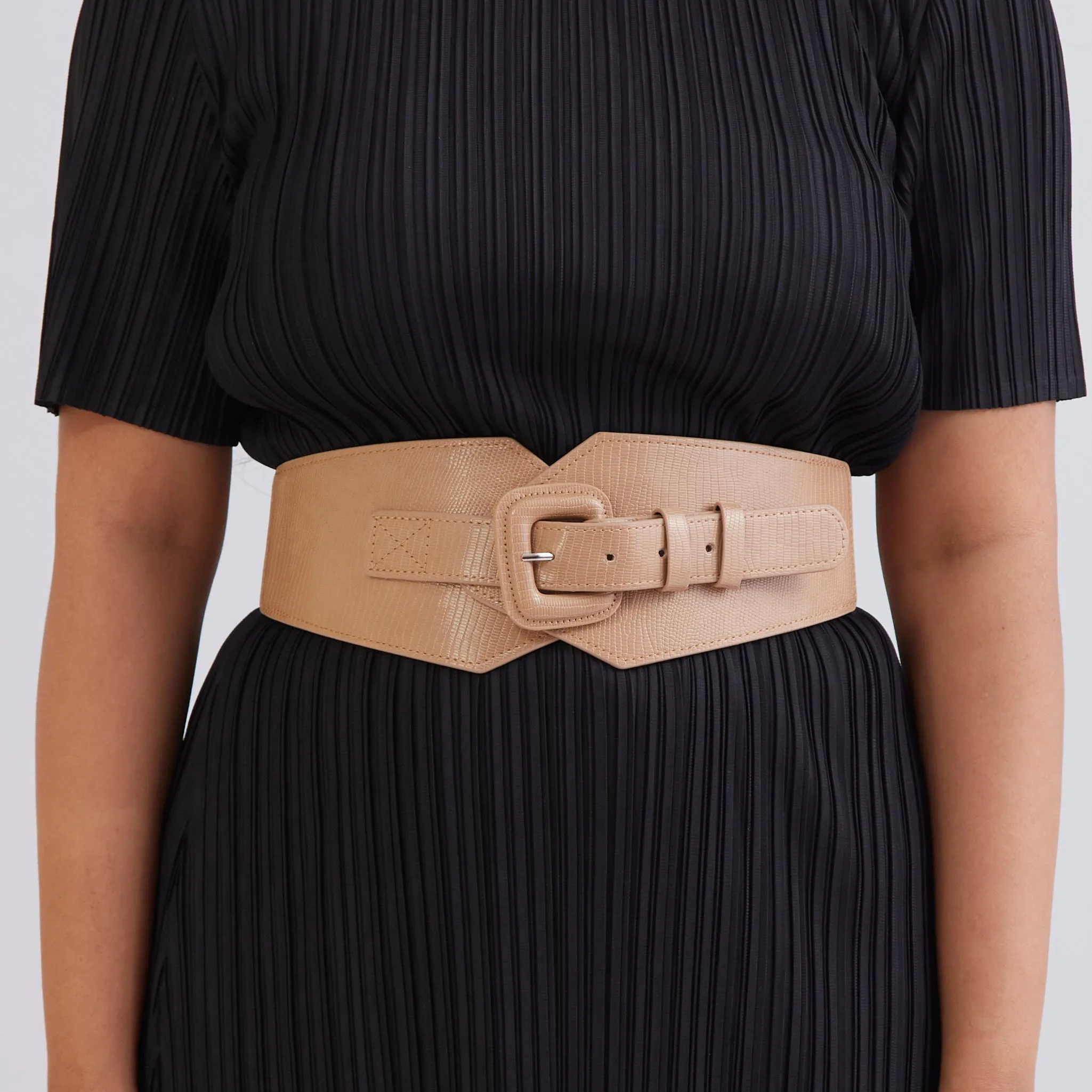 Self Textured Buckle Belt - Beige