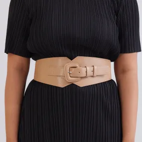 Self Textured Buckle Belt - Beige
