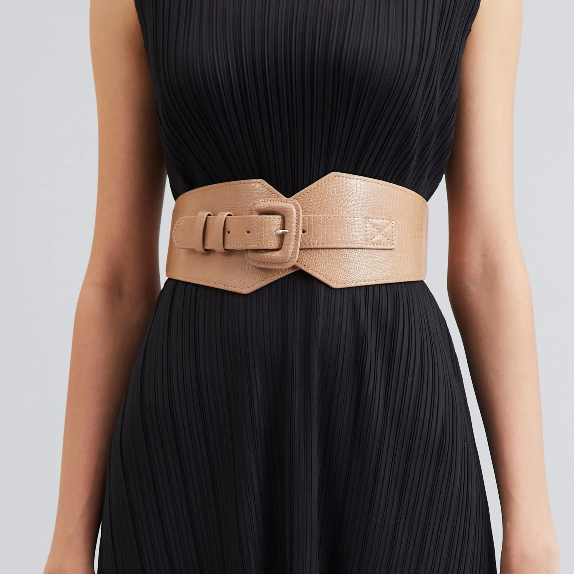 Self Textured Buckle Belt - Beige