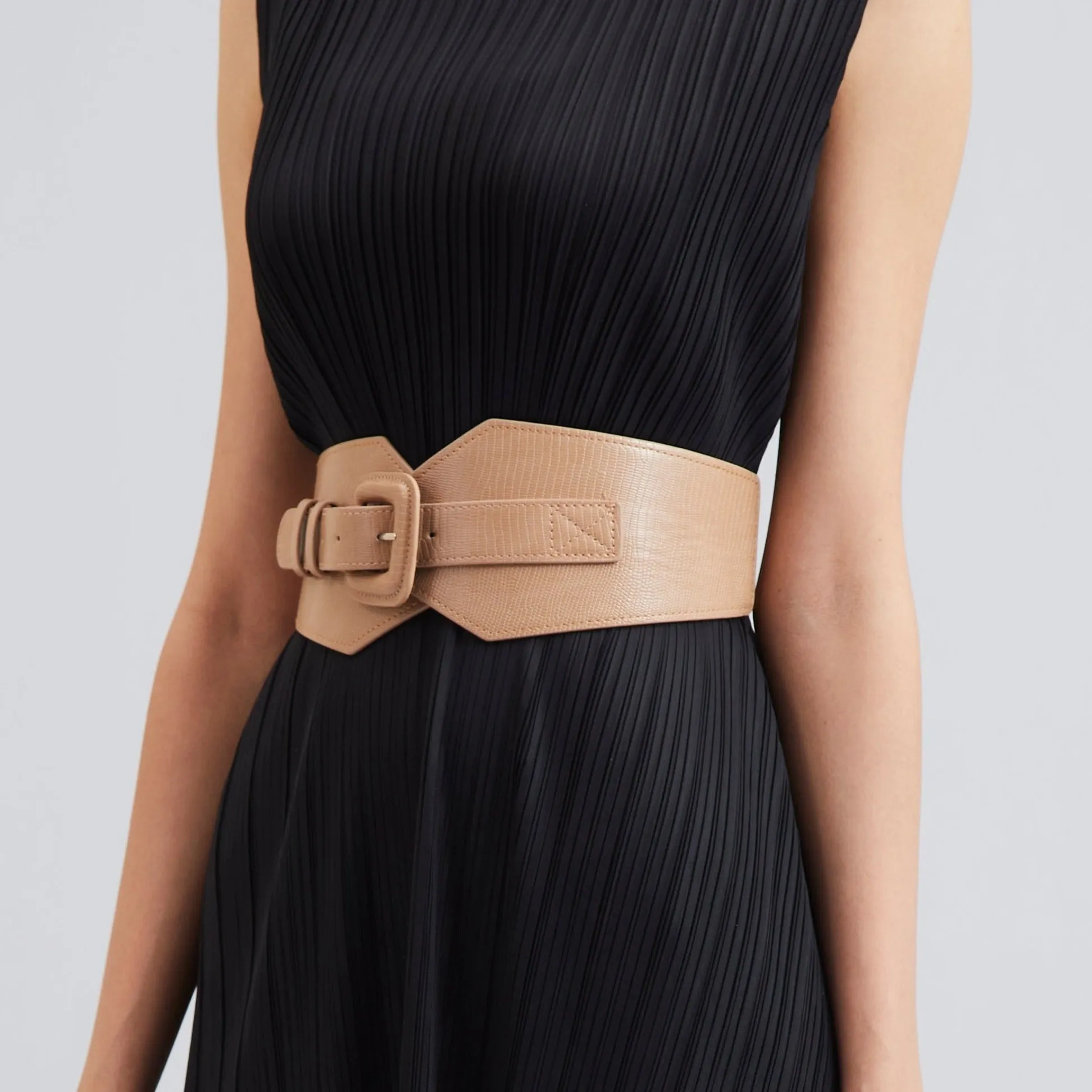Self Textured Buckle Belt - Beige