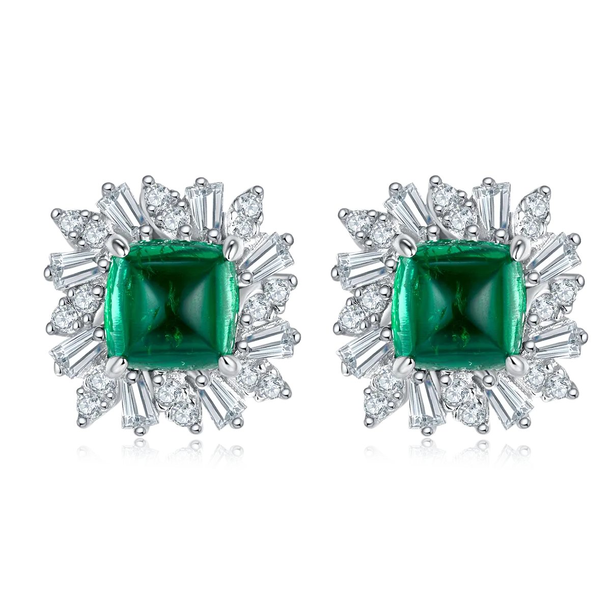 Square Lab Created Emerald Stud Earrings with Petal Halo in S925 Silver Plated Platinum - 3.2 Carat