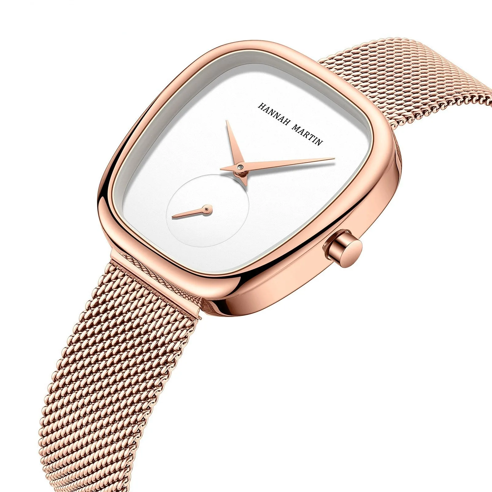 Stainless Steel Milan Mesh Quartz Watch Creative Two-Pin Half Tonneau Design