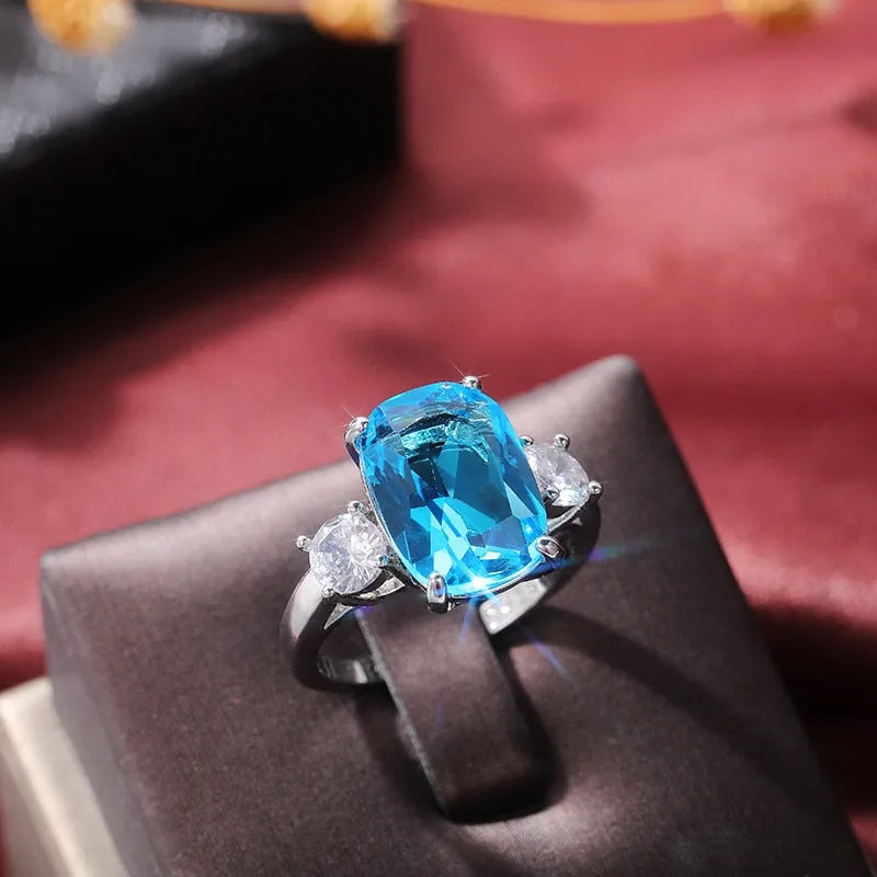 Statement Jewelry Luxury Blue Radiant Cut Cubic Zircon Cocktail Ring for Girl