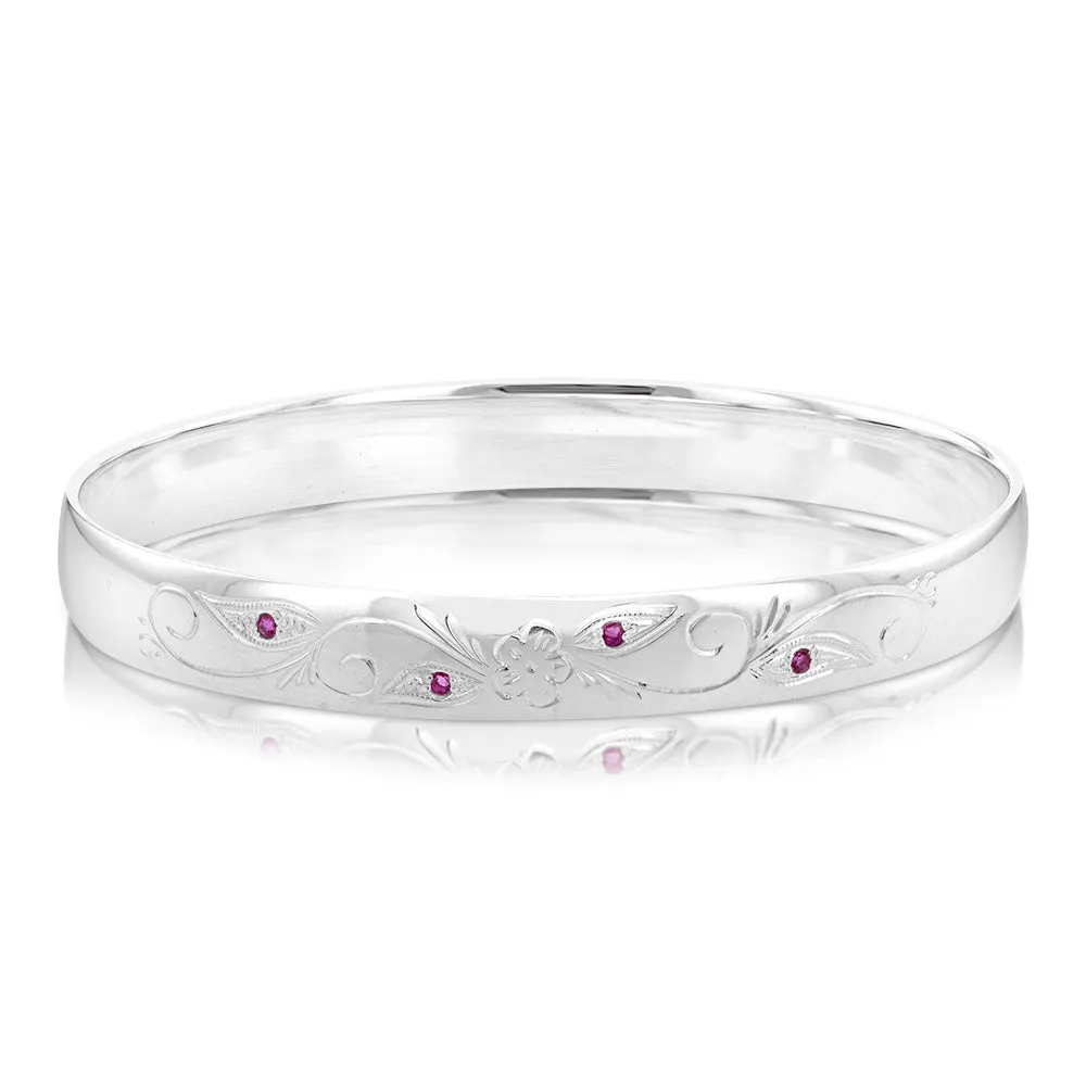 Sterling Silver Hand Engraved Ruby 65mm Bangle