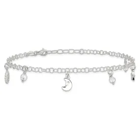 Sterling Silver Sun, Moon & Stars 9" Anklet With 1in Extender