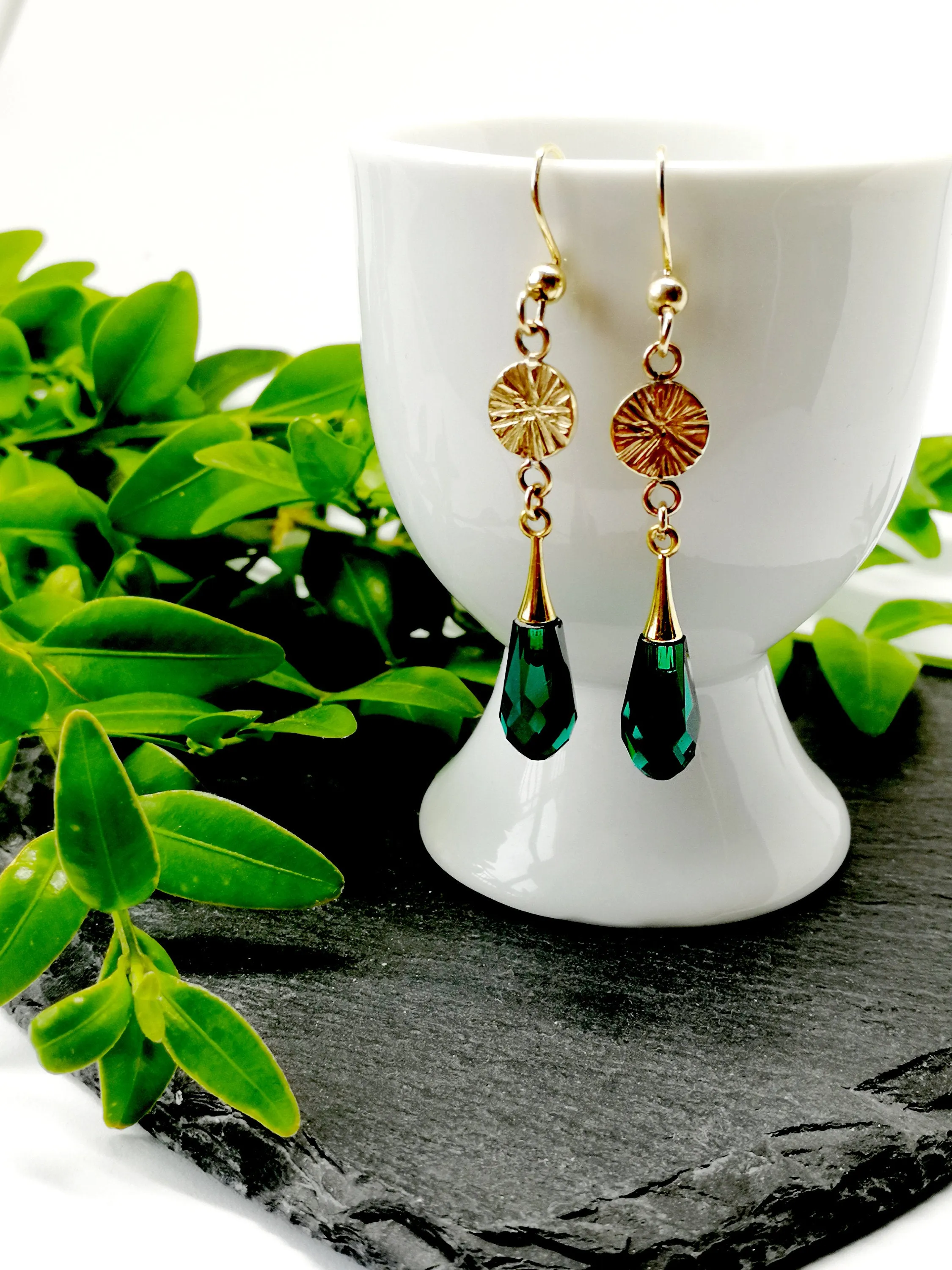 Teardrop Emerald Green Drop Gold filled 9ct Earrings