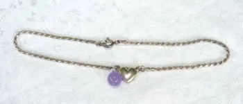 Vintage Pre Owned Sterling Silver Silver Heart Anklet with Lavender Jade Dangle Bead (TI-Anklet)