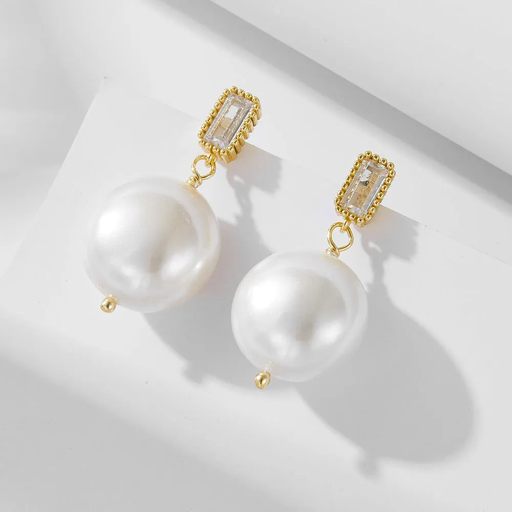 Vintage Round Shell Pearl Emerald Cut Zircon Sterling Silver Drop Earrings